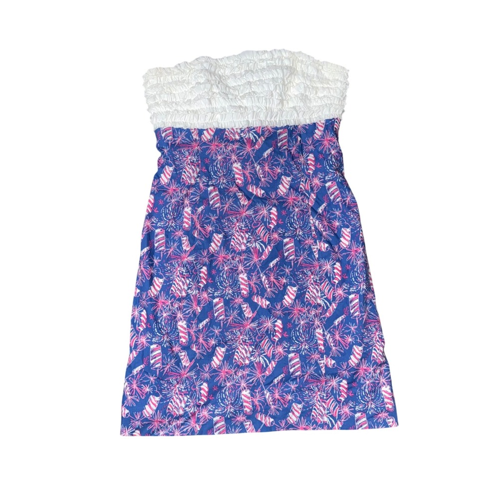 Lilly Pulitzer Strapless Dress Womens 2 Blue Pink Excellent Firework Ruffle Bow